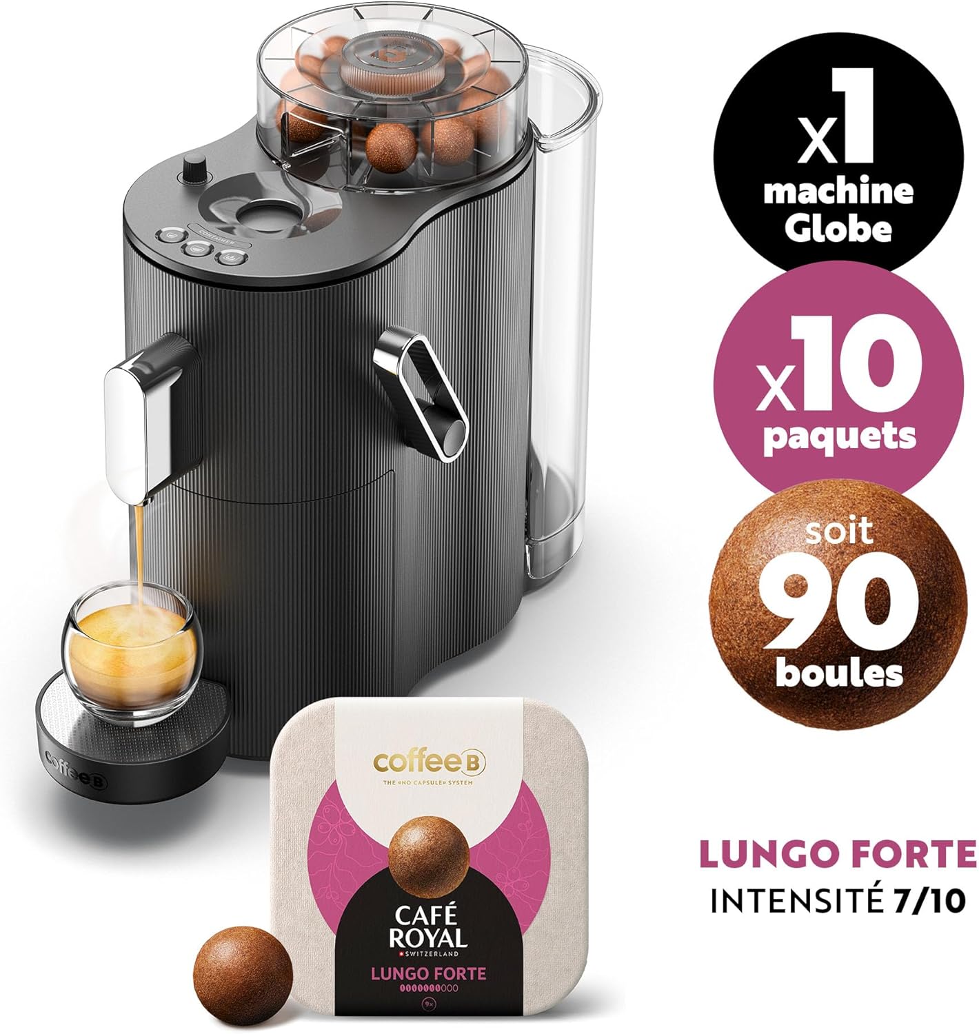 Switzerland Professional CoffeeB Globe Kaffeemaschine mit kompostierbaren Kaffeebällen, Schwarz +90 Bälle LUNGO FORTE