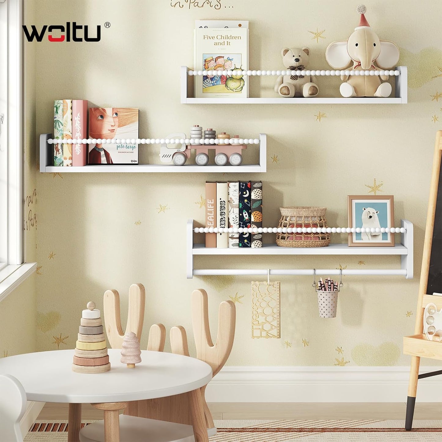 3er-Set Kinder-Bücherregal für die Wand, 60 x 15 x 14 cm Weiss