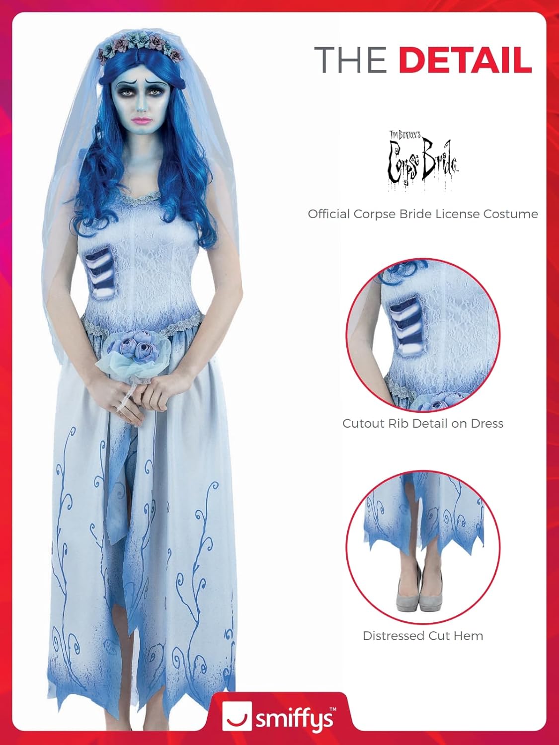 Kostüm Corpse Bride Emily mit Kleid, Stirnband und Schleier, Medium (UK 12-14)