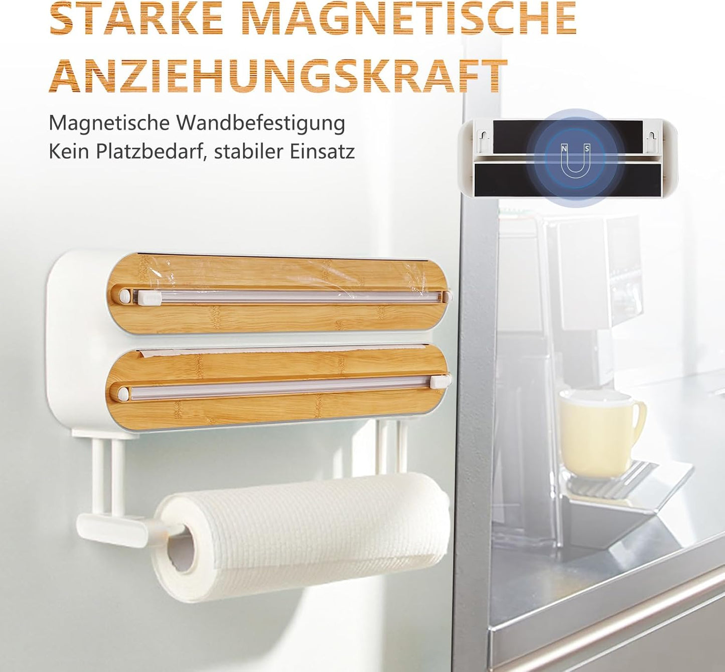 Magnetischer Folien- und Wandrollenhalter Küche, Bambusfarbe