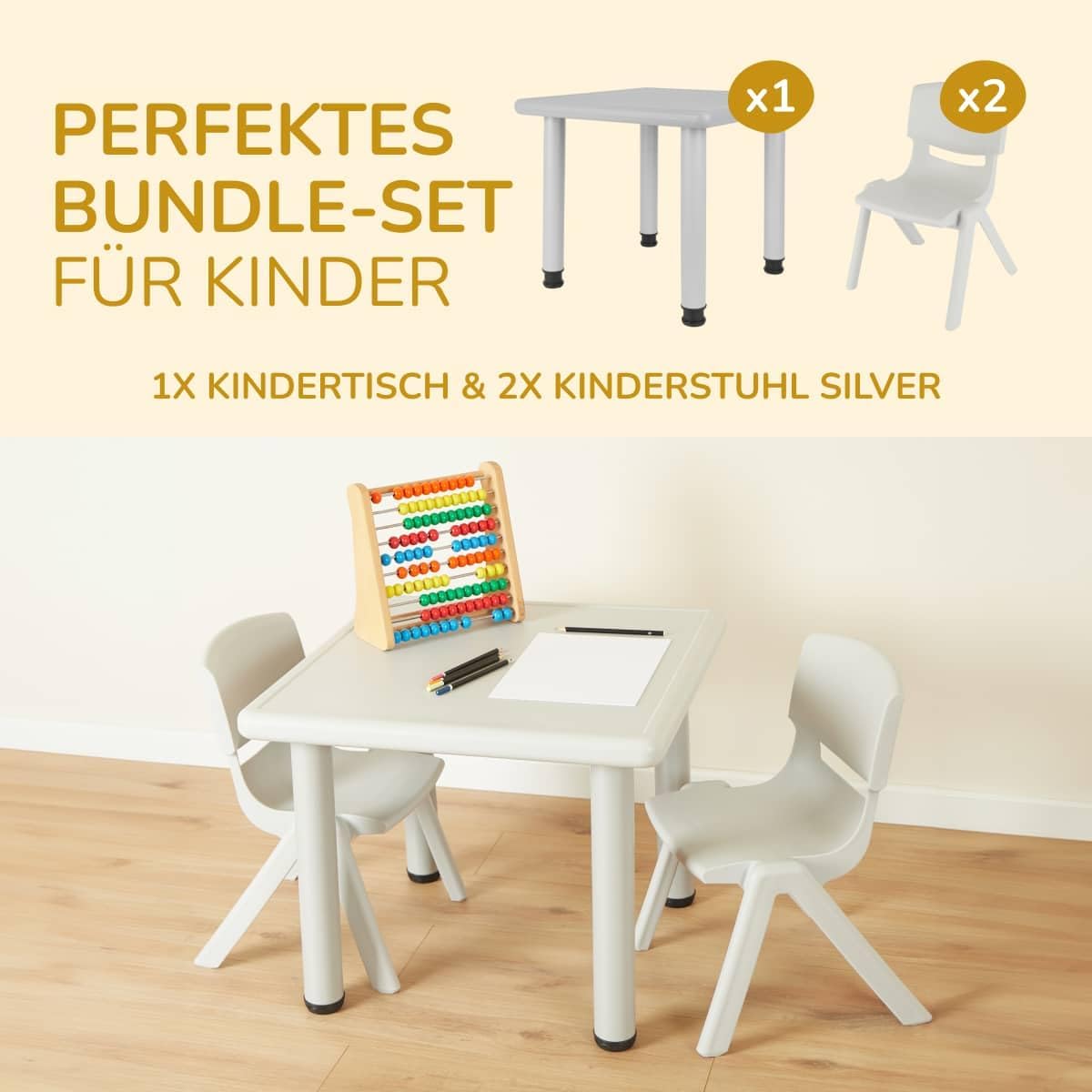 Kindertisch-Set für Indoor & Outdoor (3-teilig), Grau & Grau