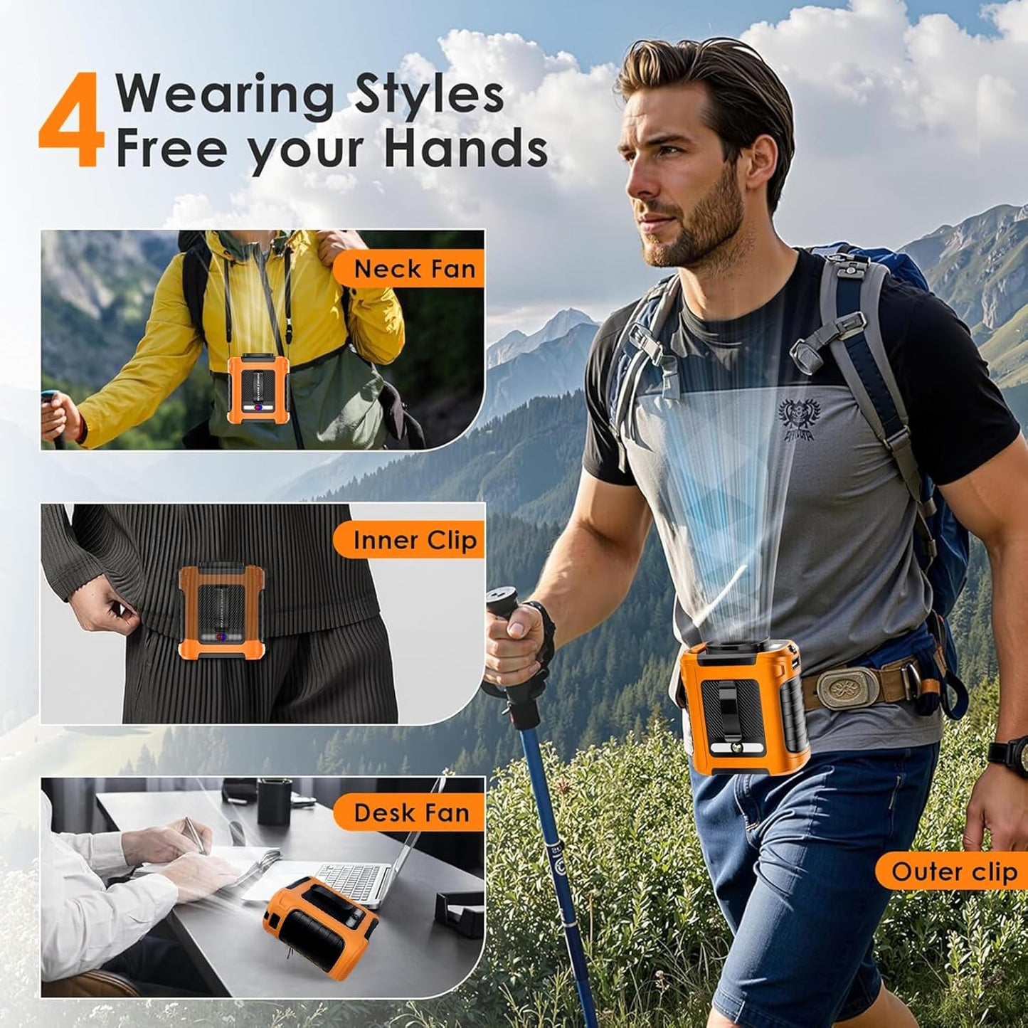 Tragbarer USB-Clip-Ventilator, Orange