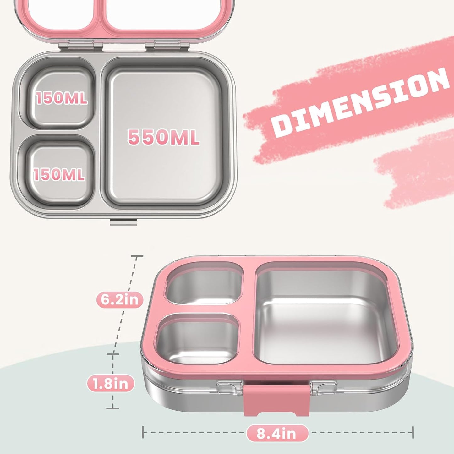 Bento Box mit 3 Fächern, auslaufsicher, Rosa 800ml