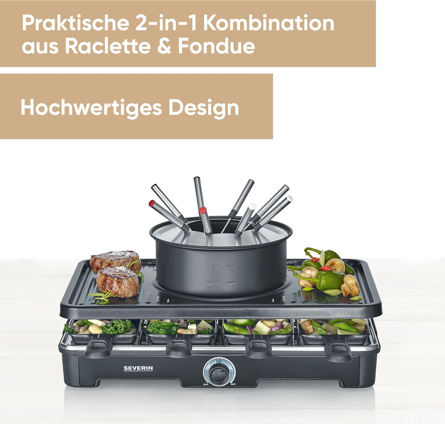 2-in-1 Raclette-Fondue-Kombination für 8 Personen, NEU Black Line