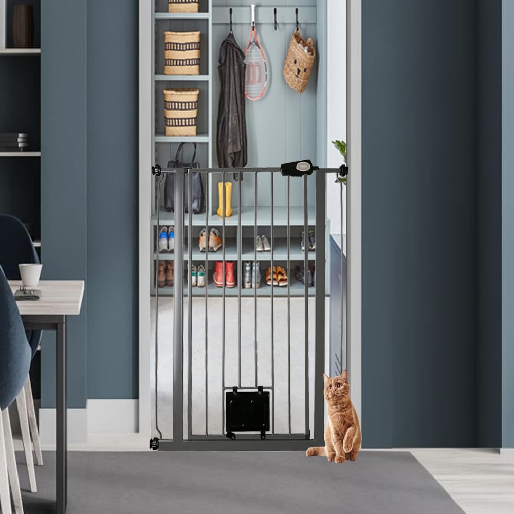 Haustiergitter mit verriegelbarer Katzenklappe, Grau / 75cm - 84cm