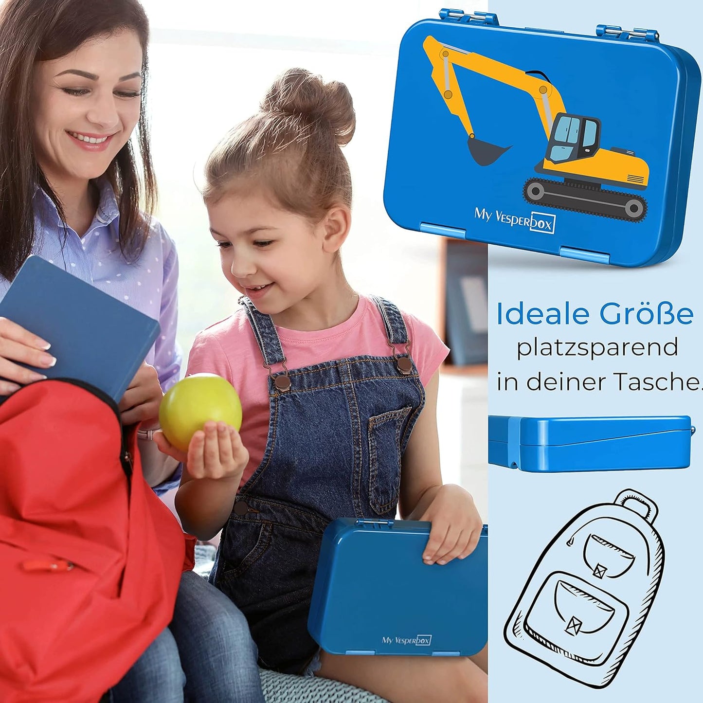 Bento Box mit Bagger-Motiv für Kinder, Blau - Bagger Len 21x15x4,5cm