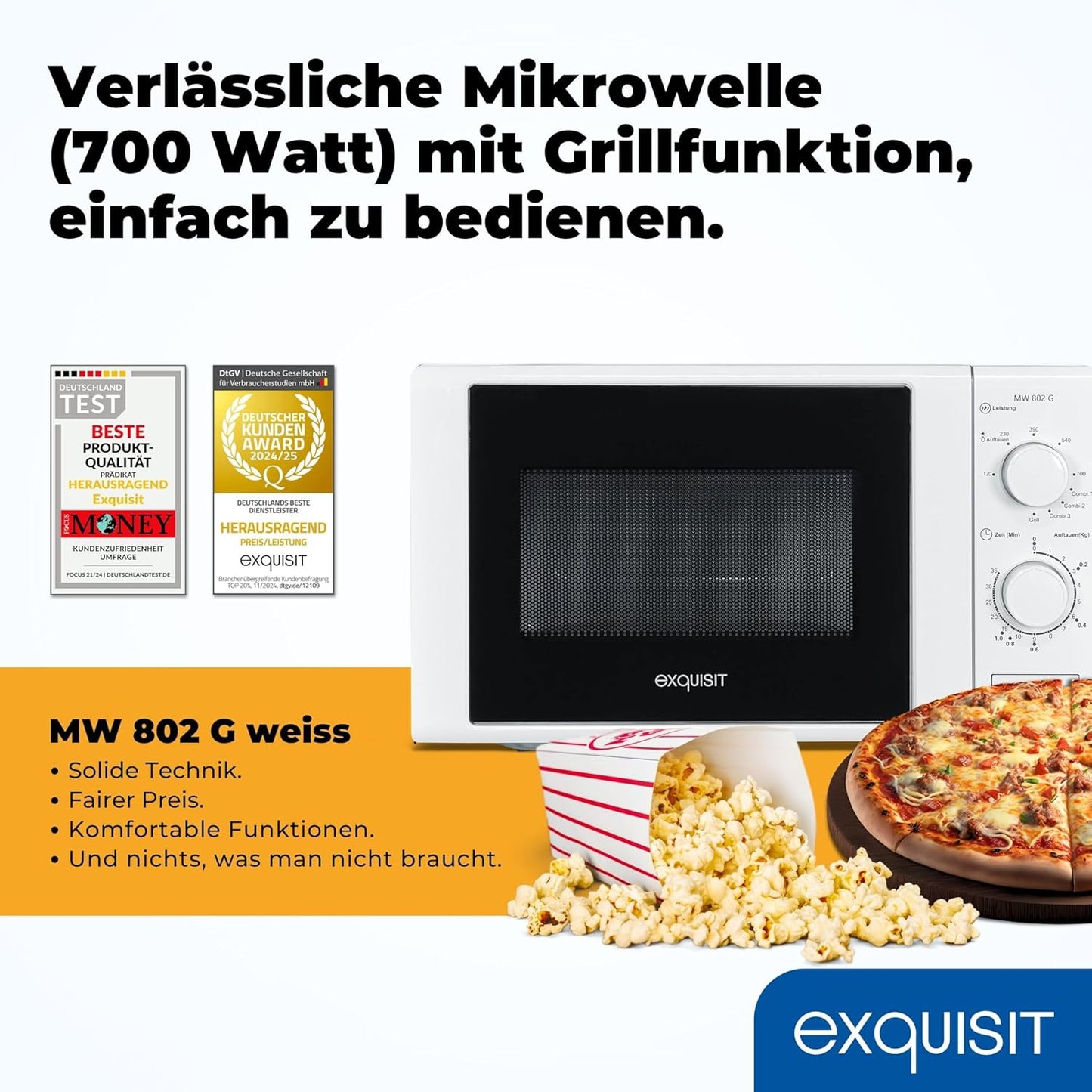Mikrowelle mit Grill und Auftaufunktion, 20L, Timer, Mikrowelle+Grill Weiss