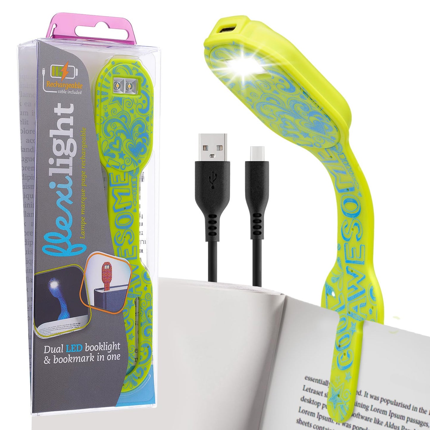 Flexilight 2-in-1 Clip On Leselampe & Lesezeichen, wiederaufladbar, Awesome