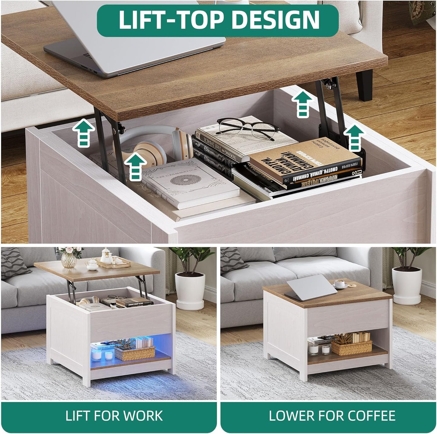 Couchtisch mit Hebeplatte und LED-Beleuchtung, 60 x 60 x 45 cm ; Anhebbar mit LED