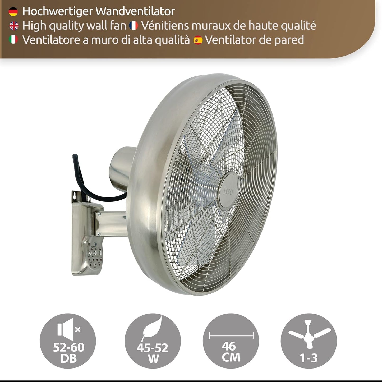 Wandventilator mit Fernbedienung, Stahl