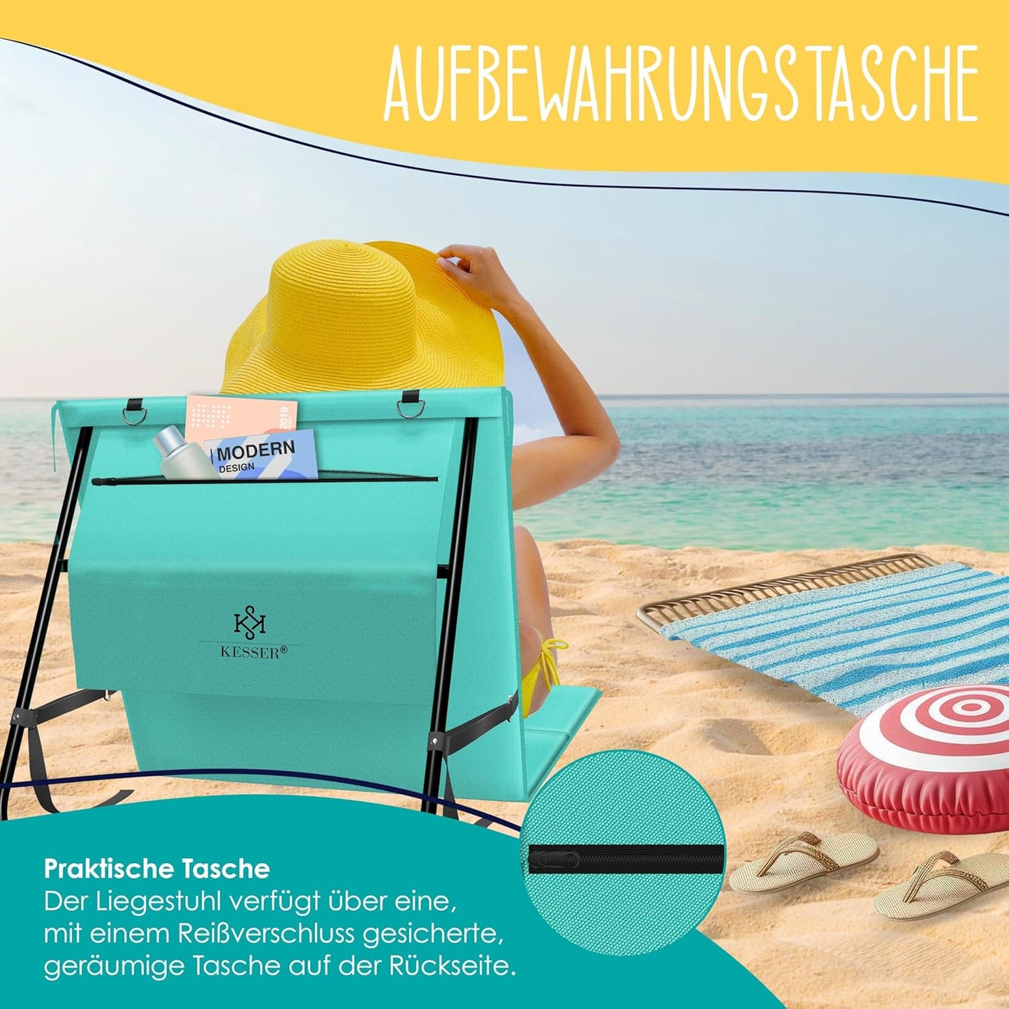 Klappbare Strandmatte mit verstellbarer Rückenlehne und Tragegurt, 1 Stück Aqua Blue