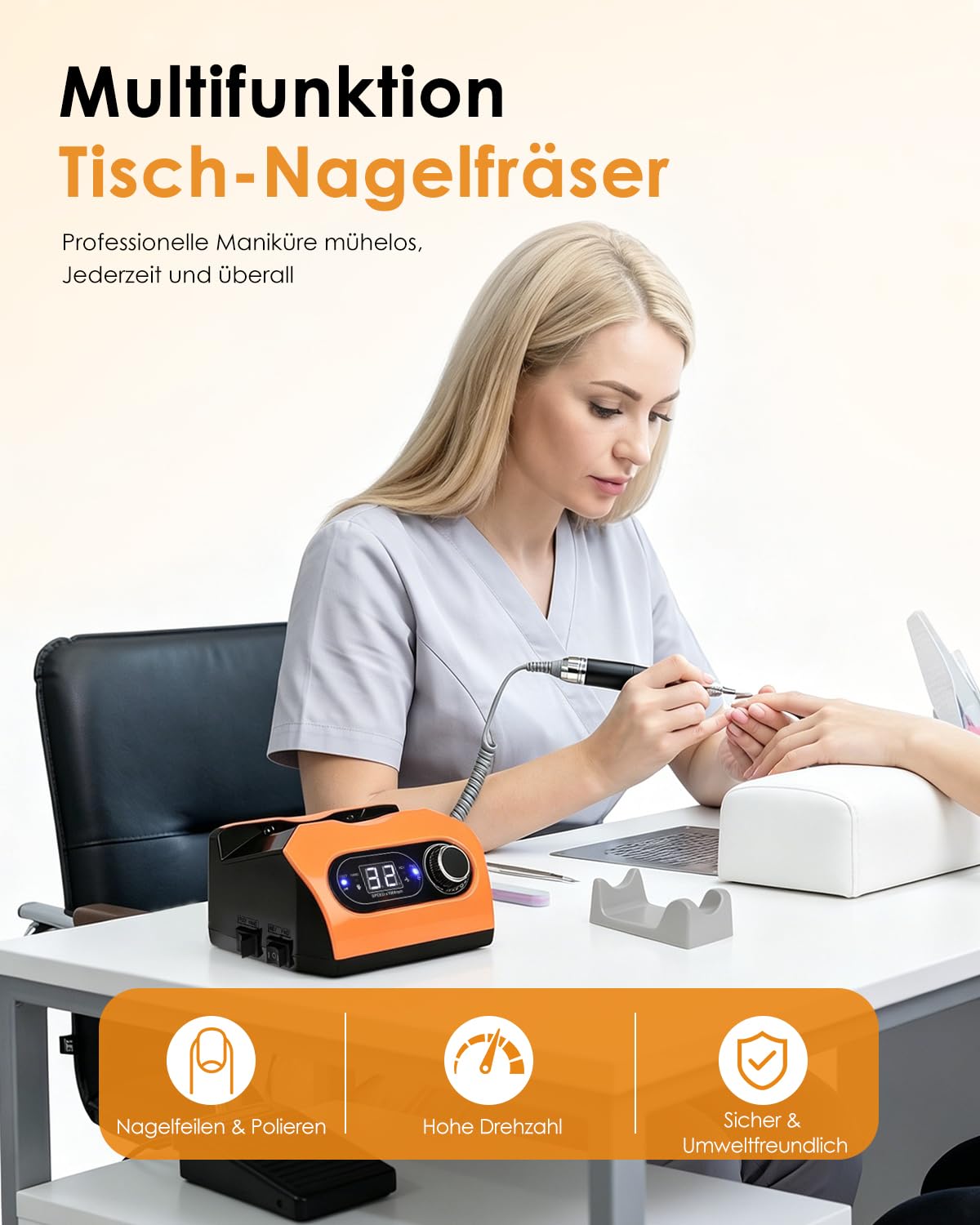 Elektrische Nagelfräse 35.000 U/min mit Fusspedal, Orange