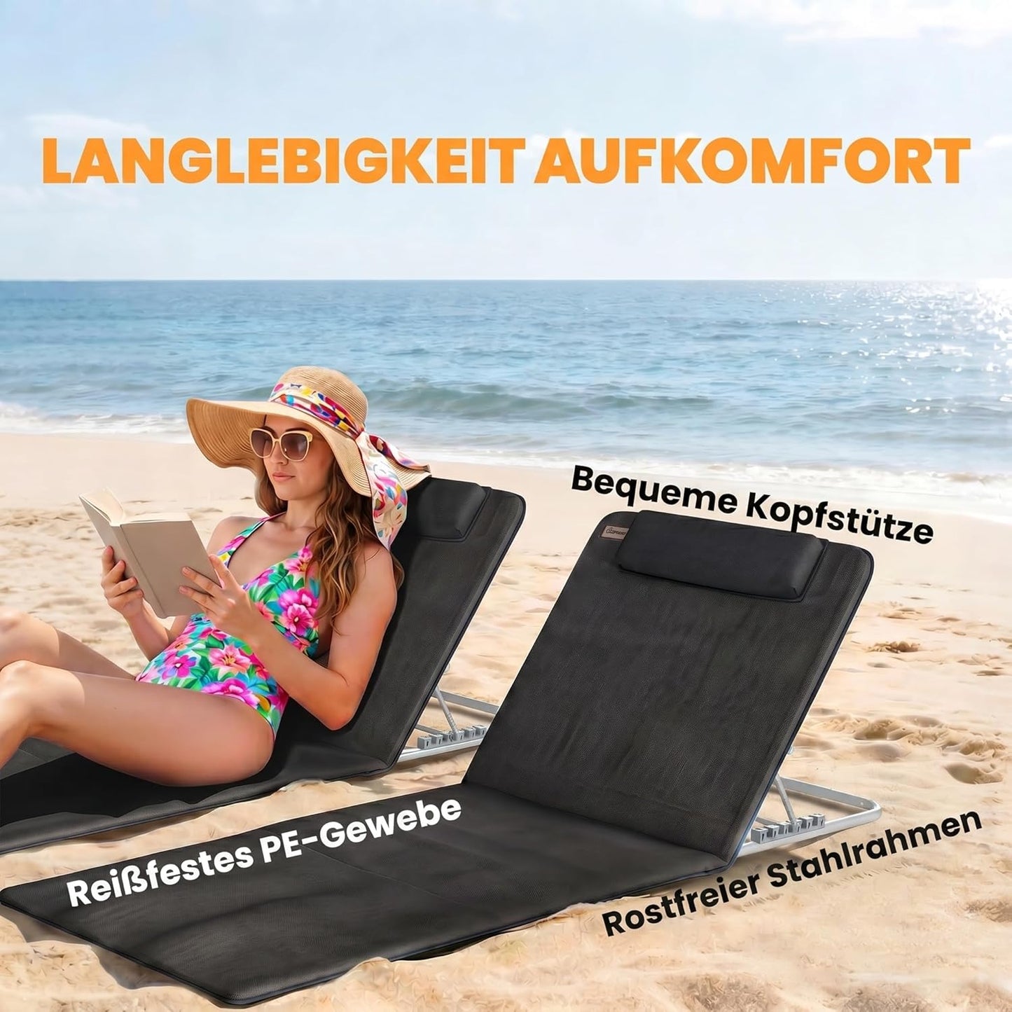2 x Sonnenliegen mit verstellbarer Rückenlehne, Schwarz