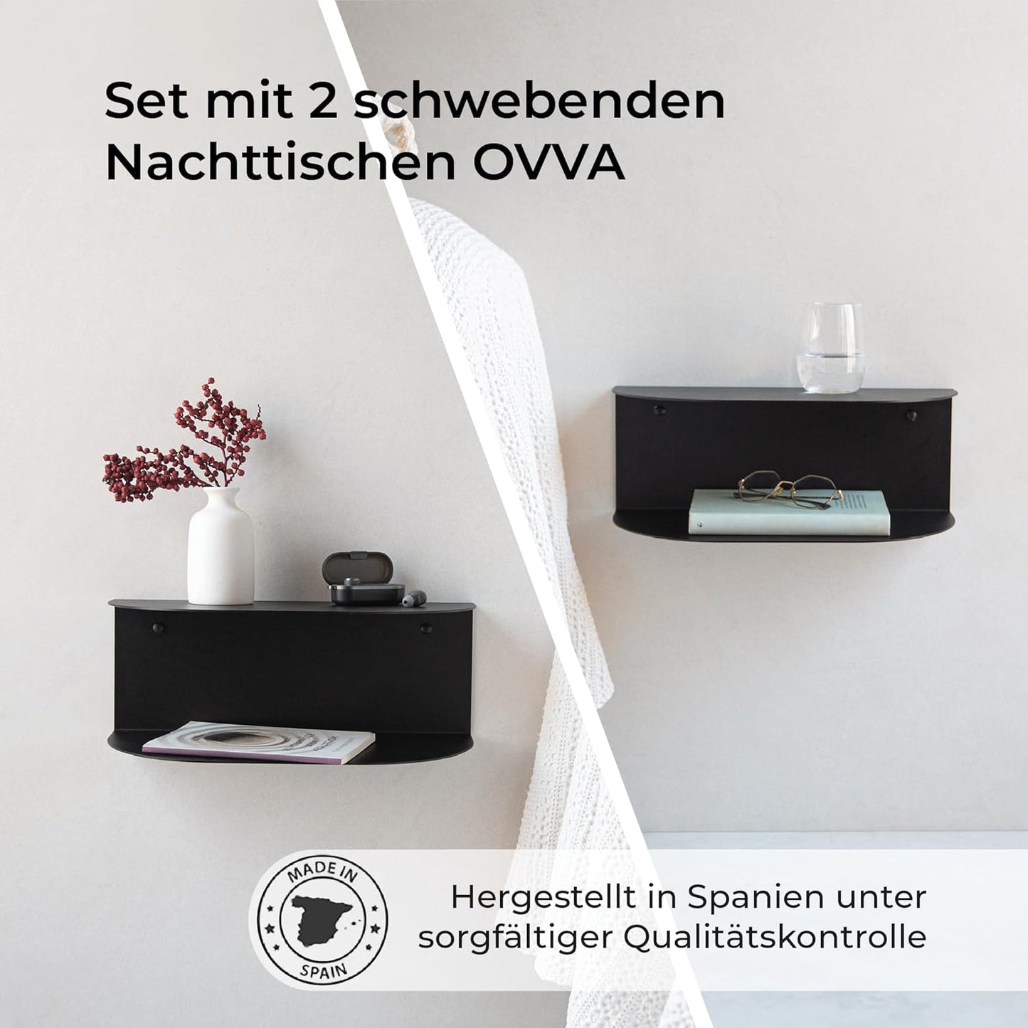 2er-Set Schwebender Nachttisch, Schwarz