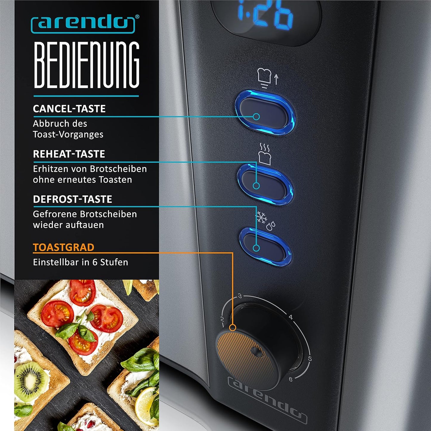 Langschlitztoaster Frukost mit Brötchenaufsatz und LCD Display, A: Cool Grey