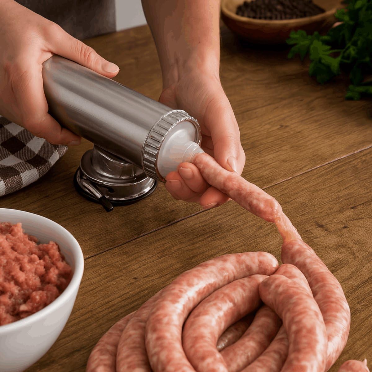 Manuelle Wurstfüllmaschine mit 3 Aufsätzen