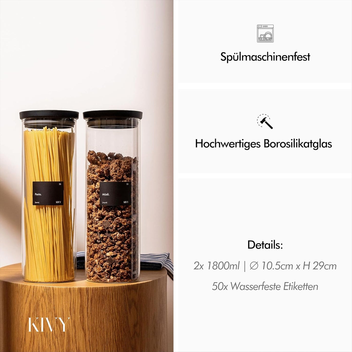 2-teiliges Vorratsgläser mit transparenten Glasdeckel und Etiketten, 2x 1800ml