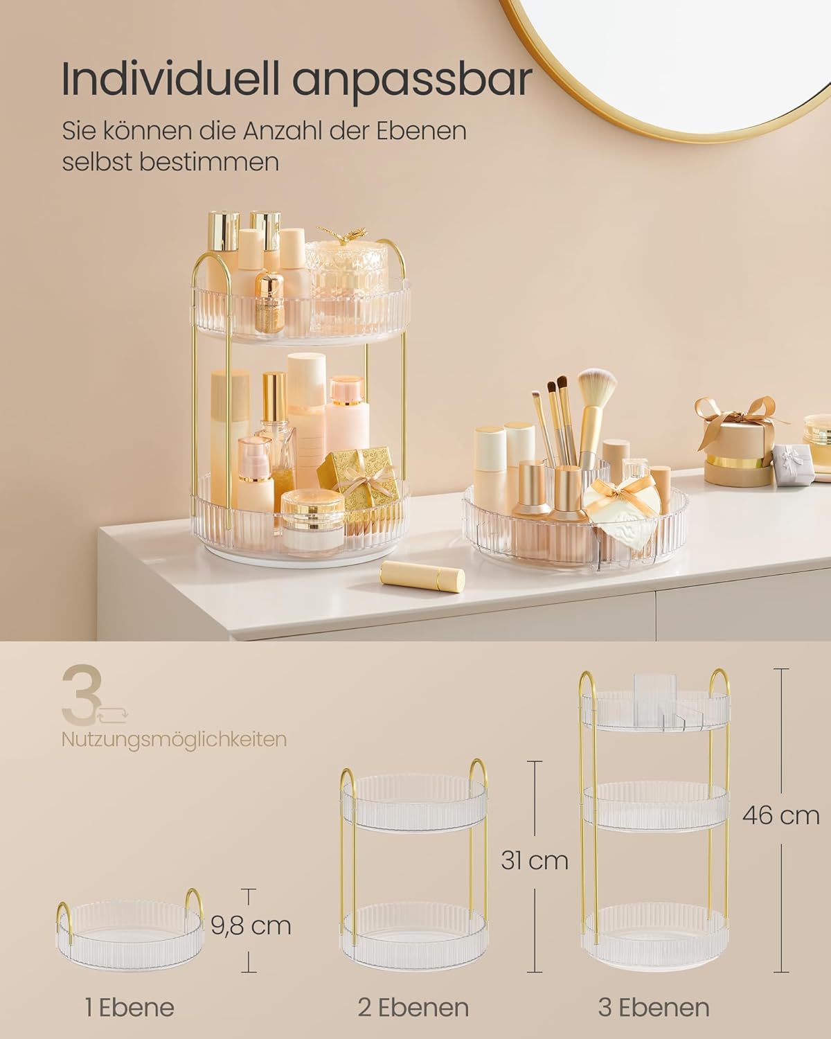 Drehbarer Make-up Organizer mit 3 Ebenen, Transparent 3 Ebenen (46H cm)