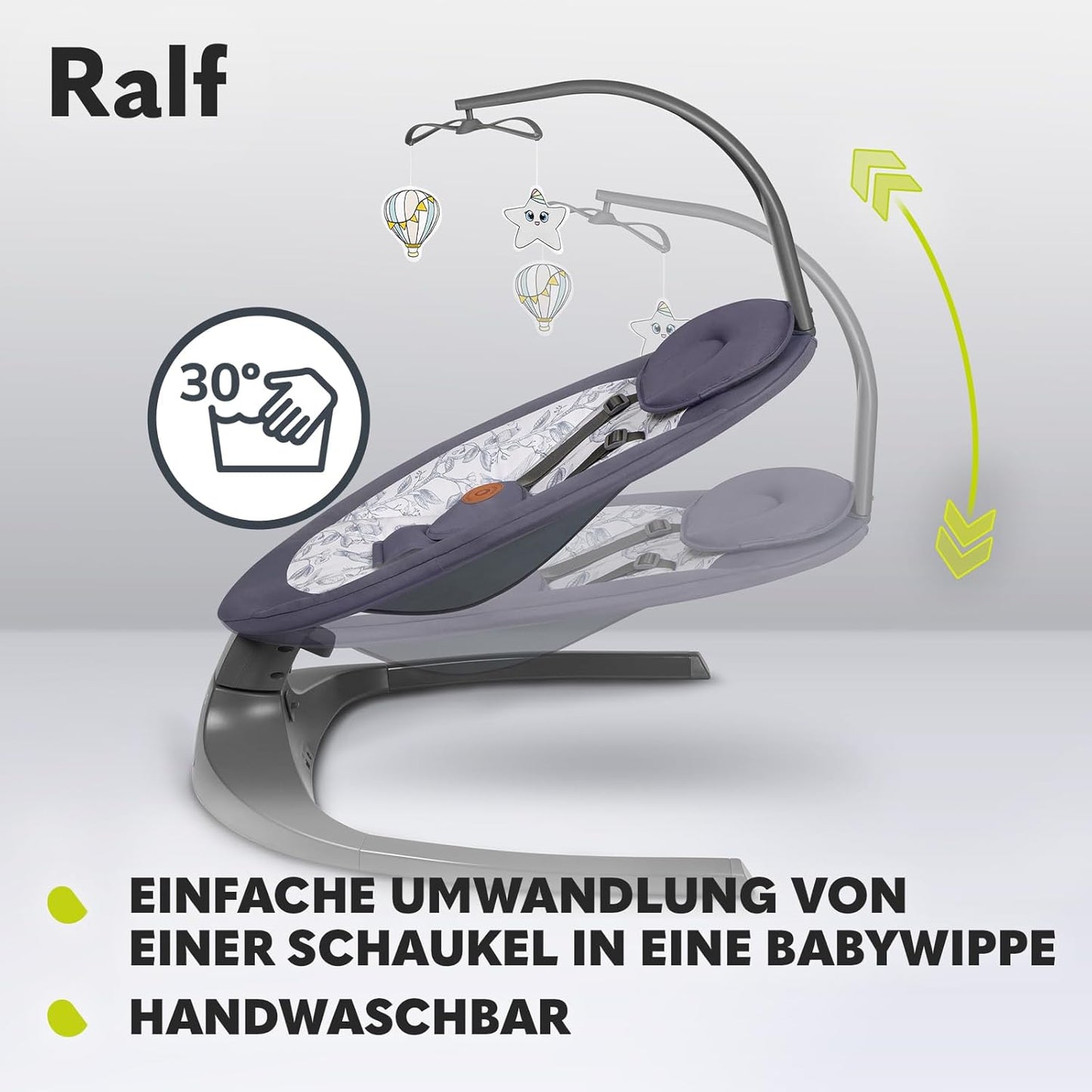 2-in-1 Babywippe und Liegestuhl - Ralf, ‎Grau Weiss