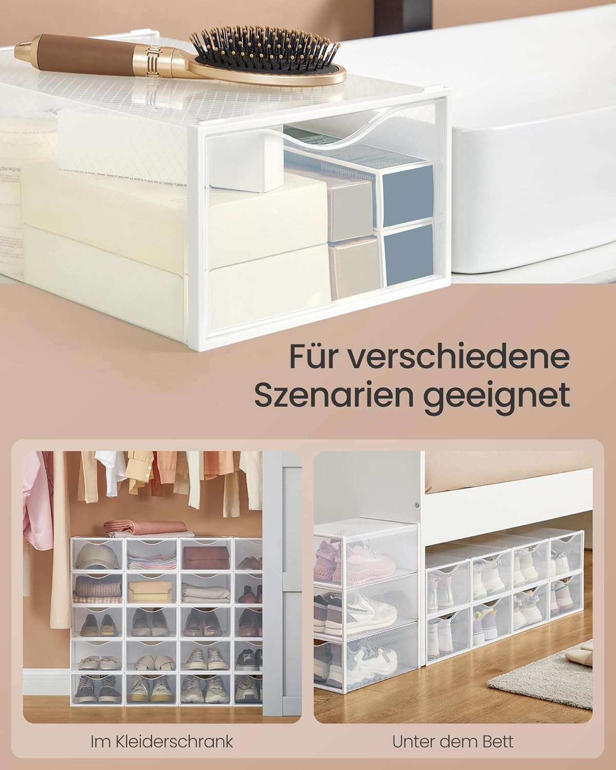 Schuhboxen-Set, stapelbare Schuh-Organizer (18 Stück), Transparent + Wolkenweiss 18