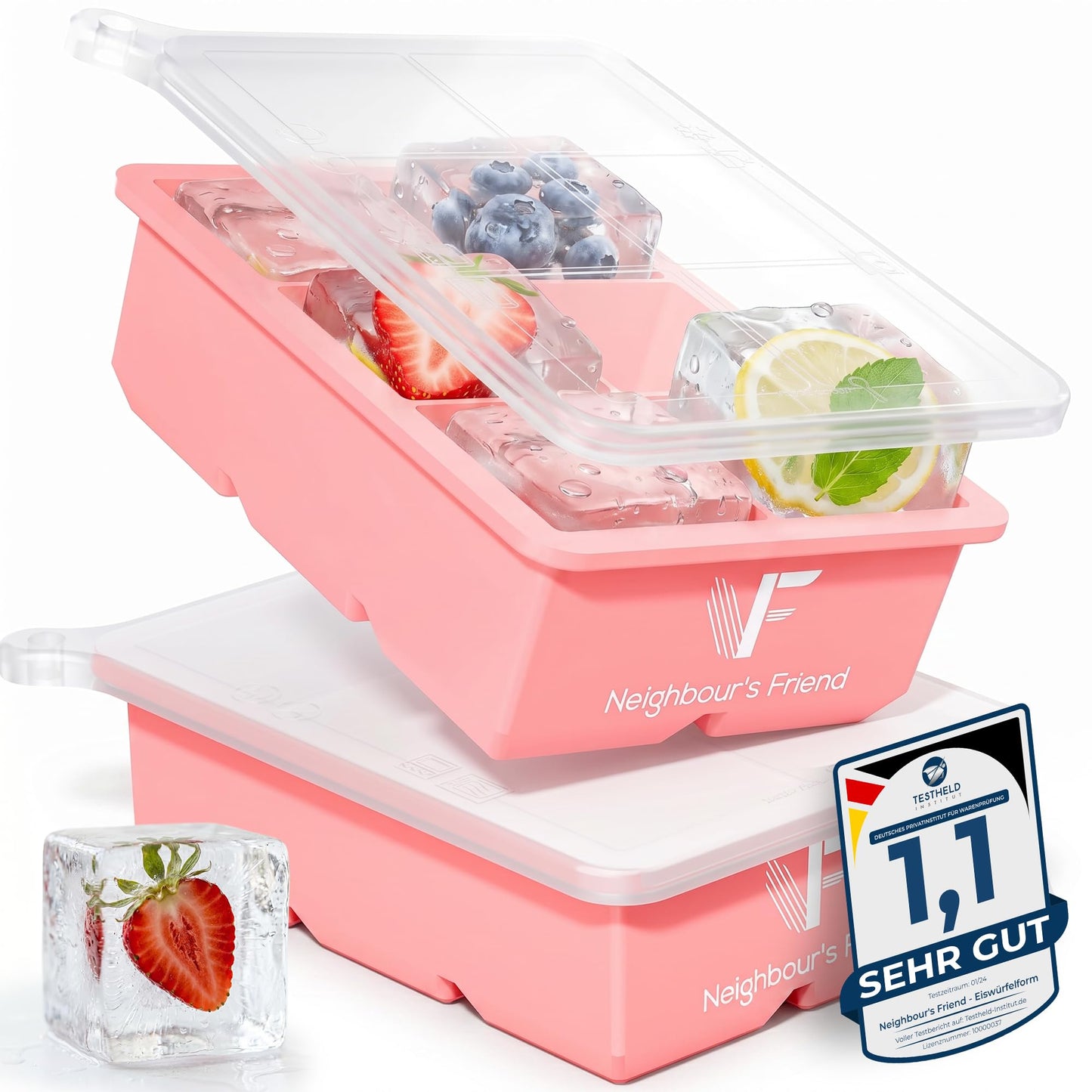 Eiswürfelform mit Deckel, 2er-Set, Rosa 02x Würfel