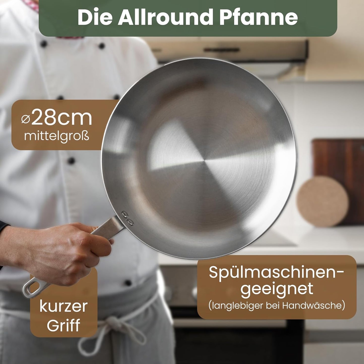 Pfanne mit Griffschutz, ofenfest, Edelstahl 28 cm