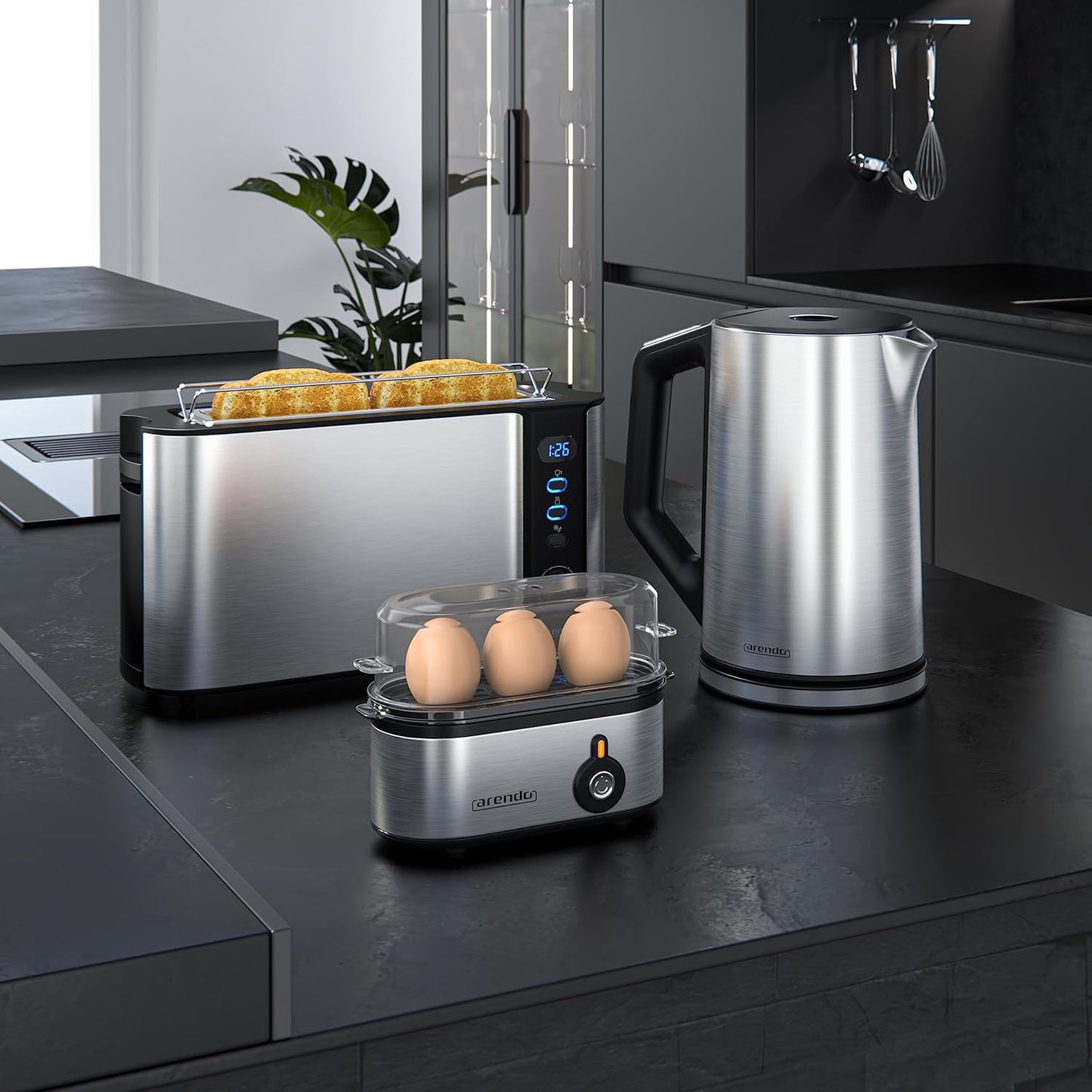 Frühstücks-Set: Wasserkocher, Toaster und Eierkocher, B: Silber Edelstahl