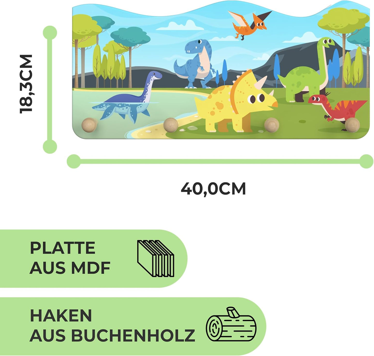 Dino-Motiv Kindergarderobe mit 4 Haken, Dino
