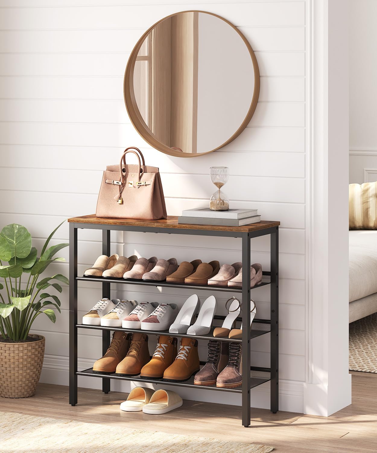 Schuhregal mit verstellbaren Metallgitterregalen (4 Ebenen), Dunkelbraun + Schwarz 75 x 30 x 69 cm