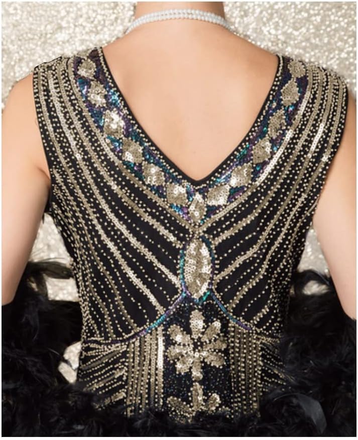 Charleston Flapper Kostüm-Kleid mit Fransen, M Schwarz/Gold/Multicolor