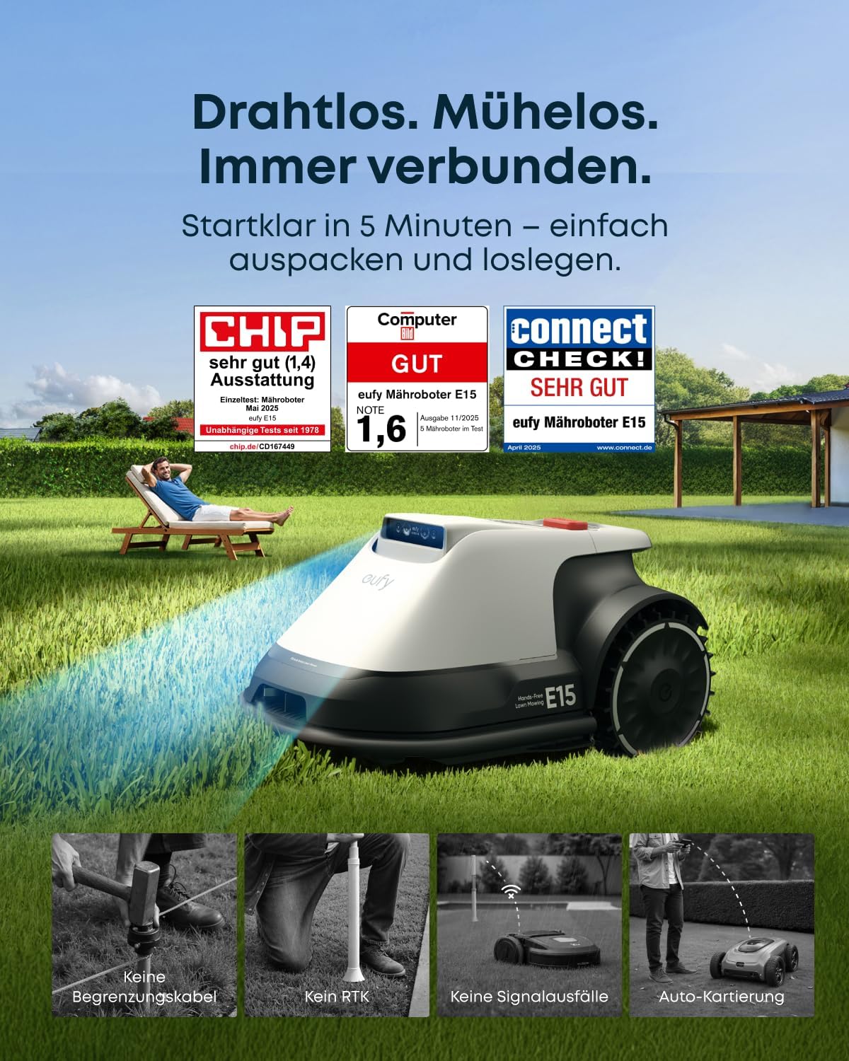 E15 Mähroboter mit Smart-Navigation bis 800m², E15 Garten bis 800m²