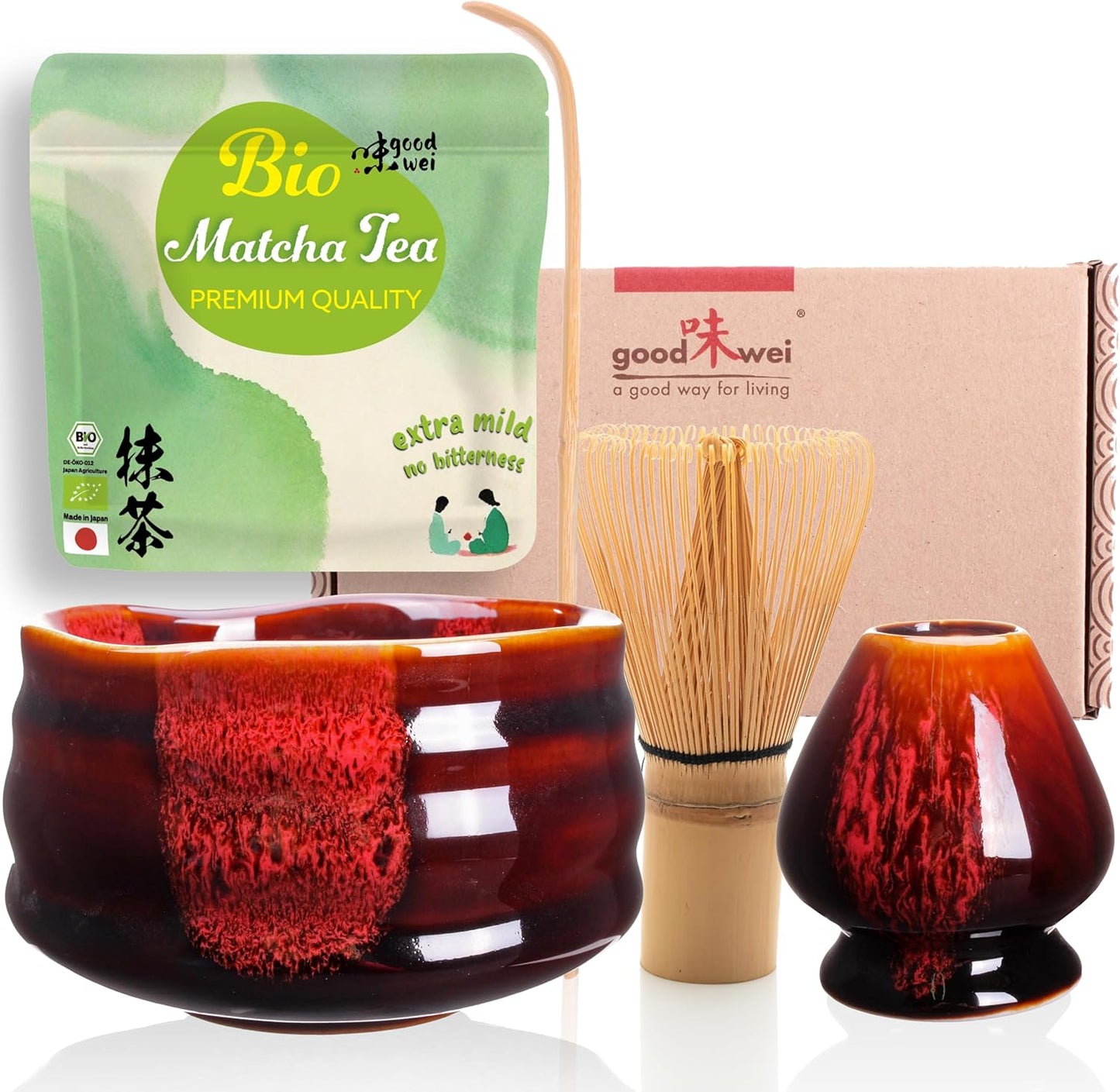 5-teiliges Matcha-Set Akai für Teezeremonie mit Keramikschale, Akai