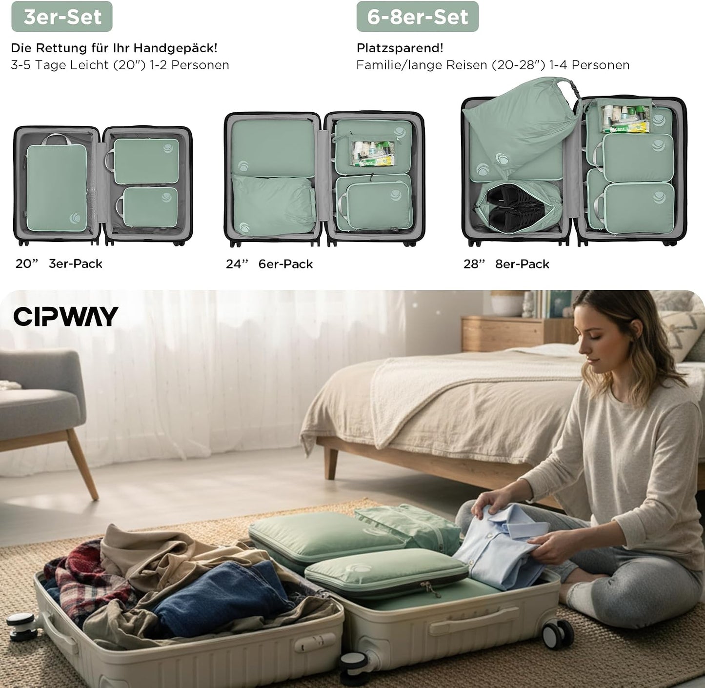 Kompression Koffer Organizer Set, 8PCS Salbei Grün