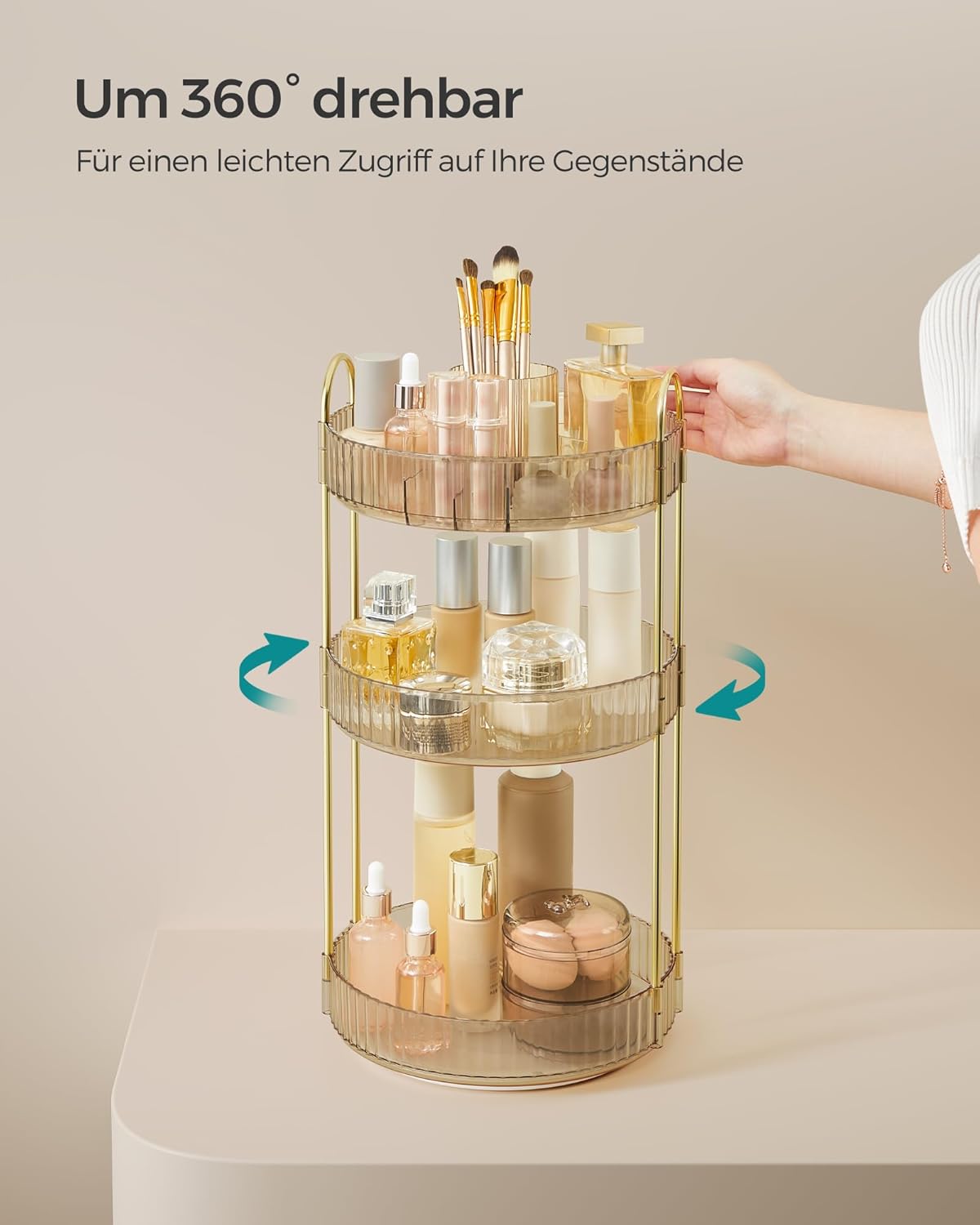 Drehbarer Make-up-Organizer, 3 Ebenen, anpassbar, Champagnergold 3 Ebenen (46H cm)