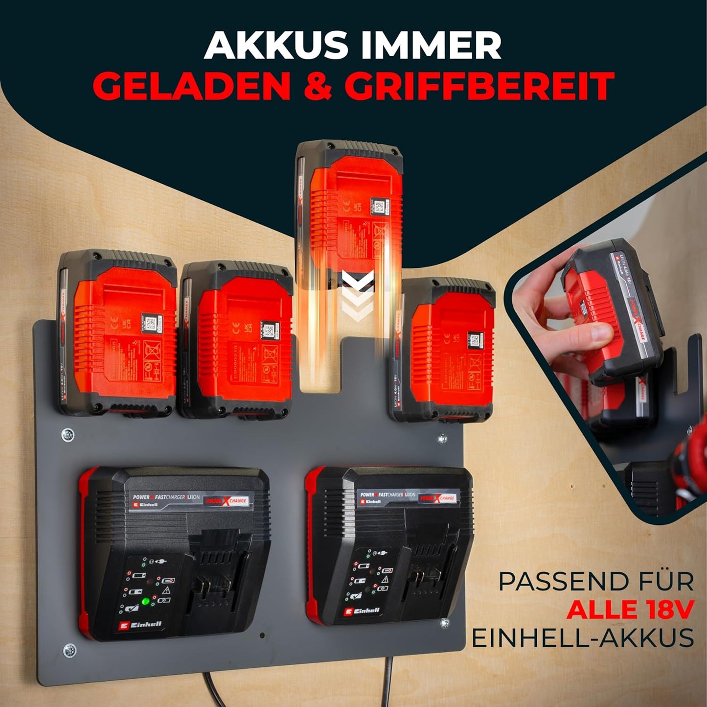 Wandhalterung für Akkus & Ladegeräte, 4 Akkus + 2 Ladegeräte