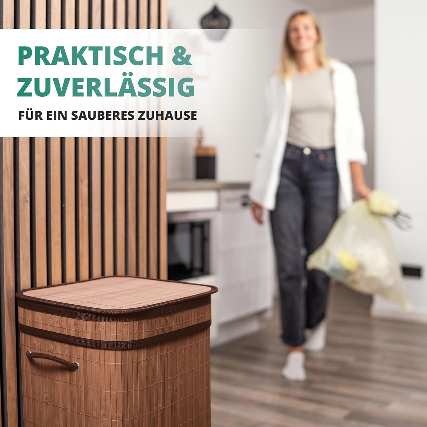 Müllsack-Ständer mit Innentasche, Bambus / Kaffee