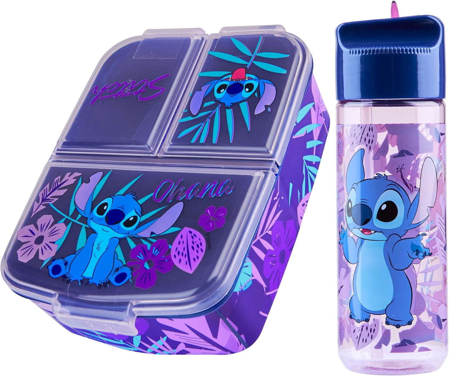 Stitch Kinder Lunchbox mit Fächern und Wasserflasche, Blau/Lila