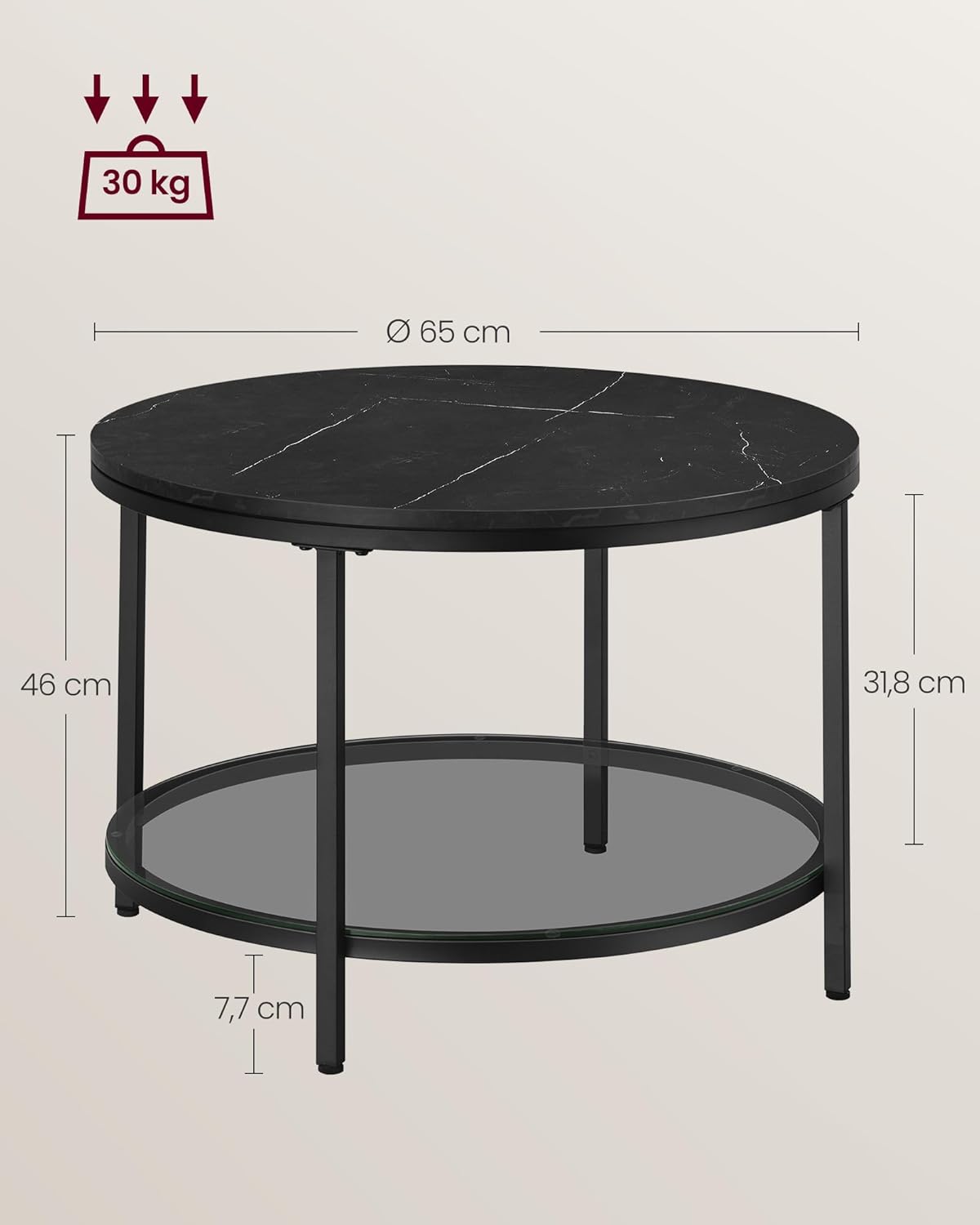 Moderner Couchtisch mit Glasplatte und Stauraum, 65d cm Marmorschwarz + Tintenschwarz
