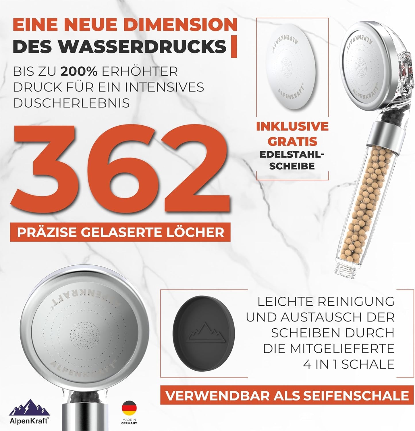 ZugSpitze - Wassersparender Duschkopf mit Aktivkohle und Zeolith Filterperlen