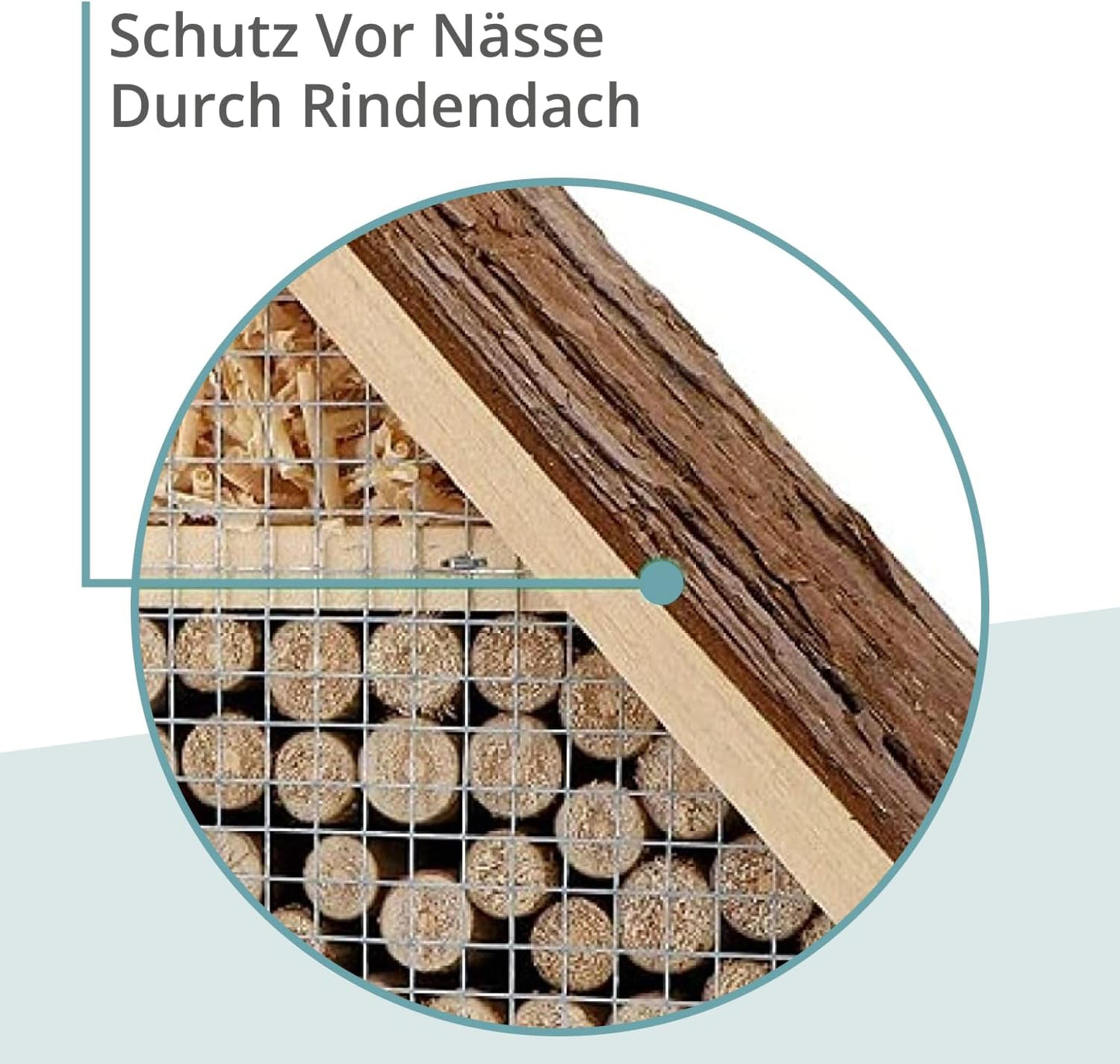 Insektenhotel mit Bambusröhren und Nistkammern, Rindendach