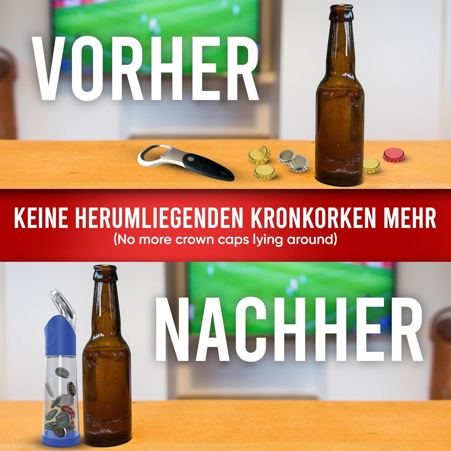 Flaschenöffner mit Auffangbehälter für Kronkorken, Blau