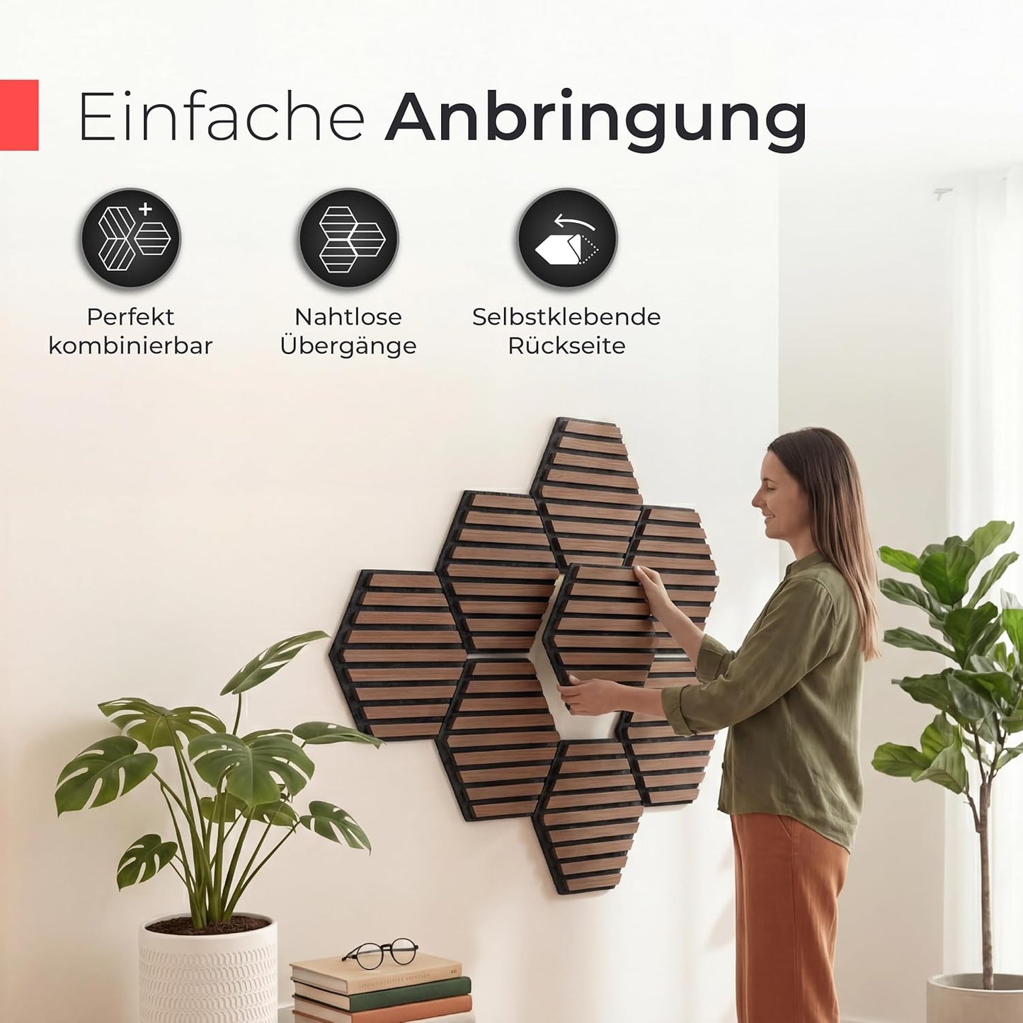 Akustikpaneele 3D, 9 Stück | 30 x 26 x 2,1 cm Holzfurnier Walnuss | Akustikfilz Schwarz