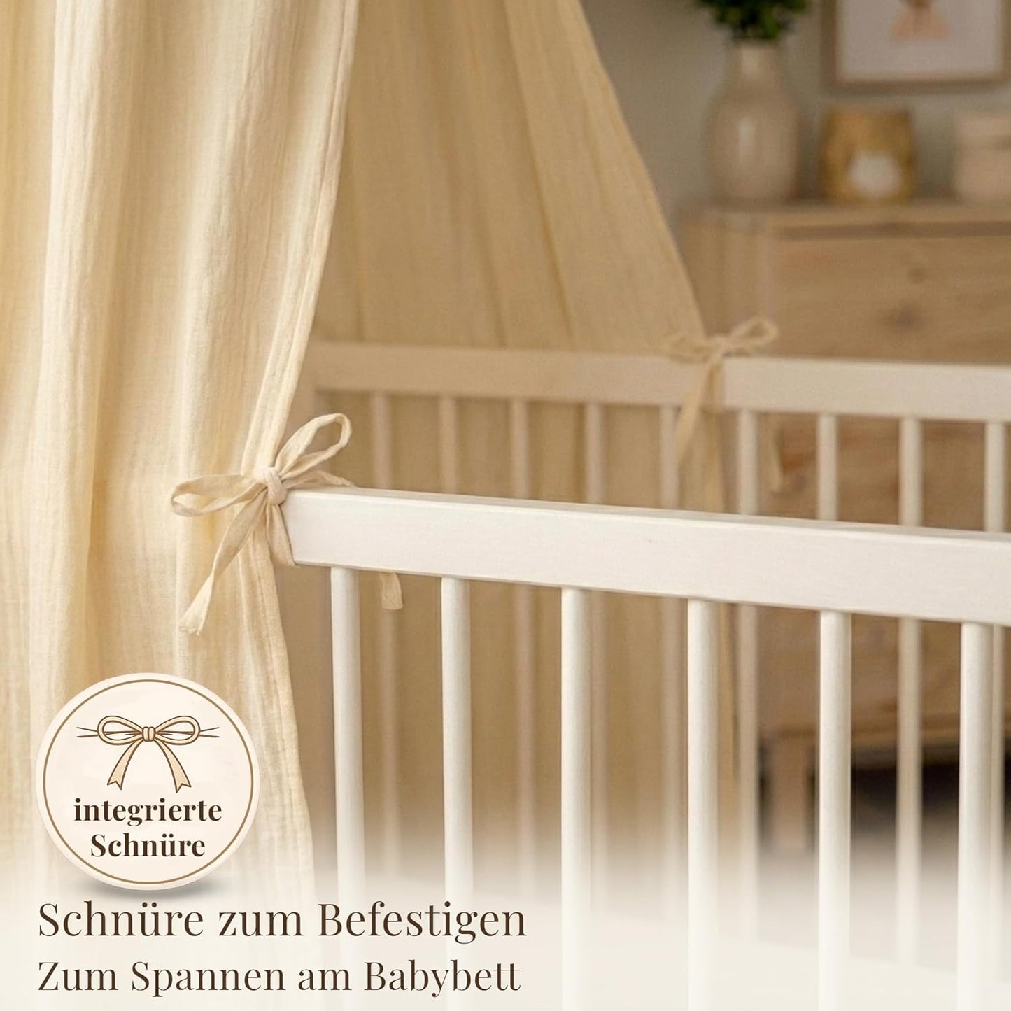Betthimmel Set mit Himmelstange, montierbarer Ständer + Stoff creme