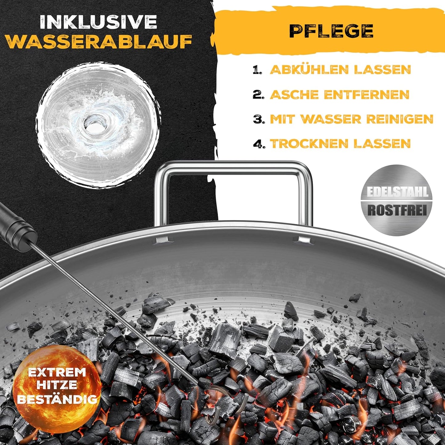 Feuerschale mit Feuerhaken und Wasserablauf, Ø 80 cm edelstahl