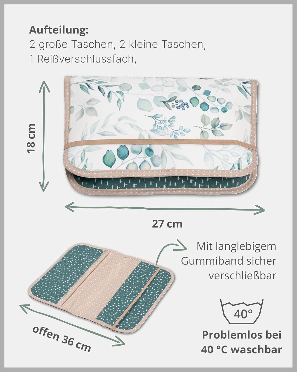 Windeltasche für unterwegs, Eukalyptus 18 x 27 cm
