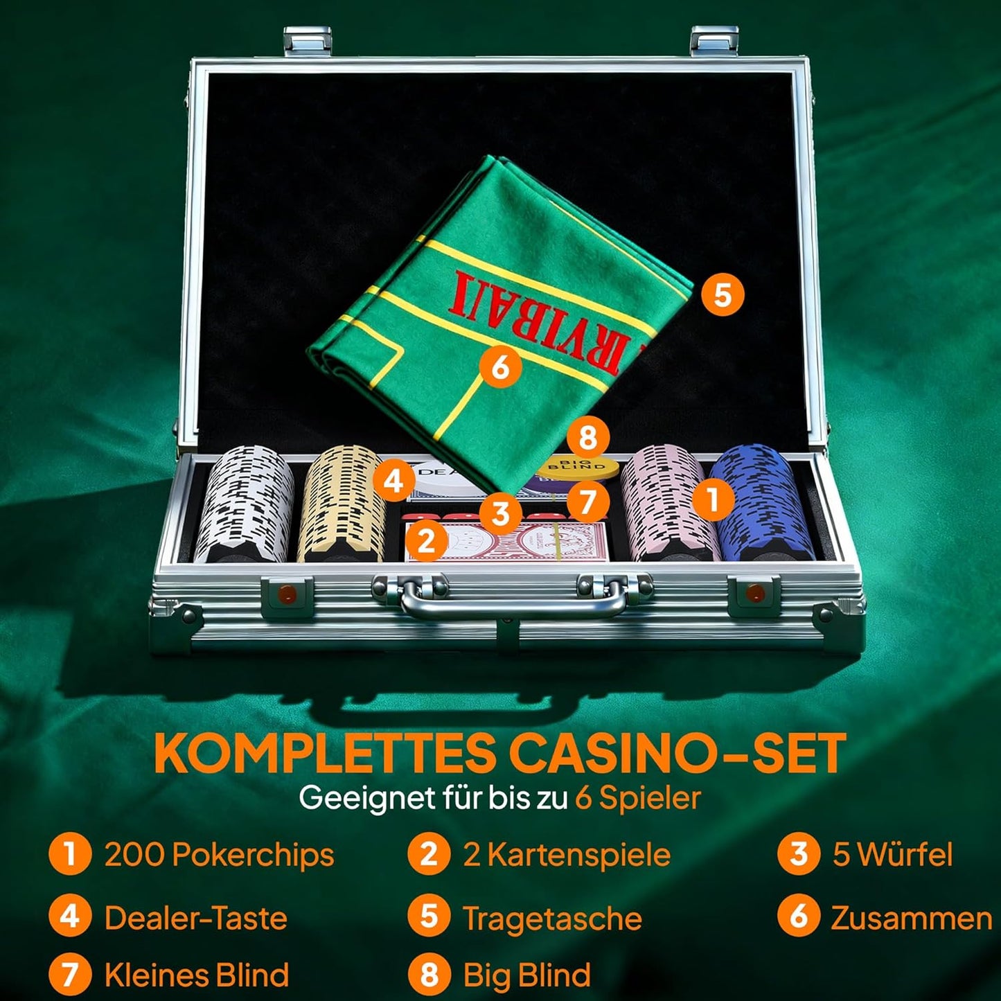 Pokerkoffer-Set mit 200 Chips & Zubehör