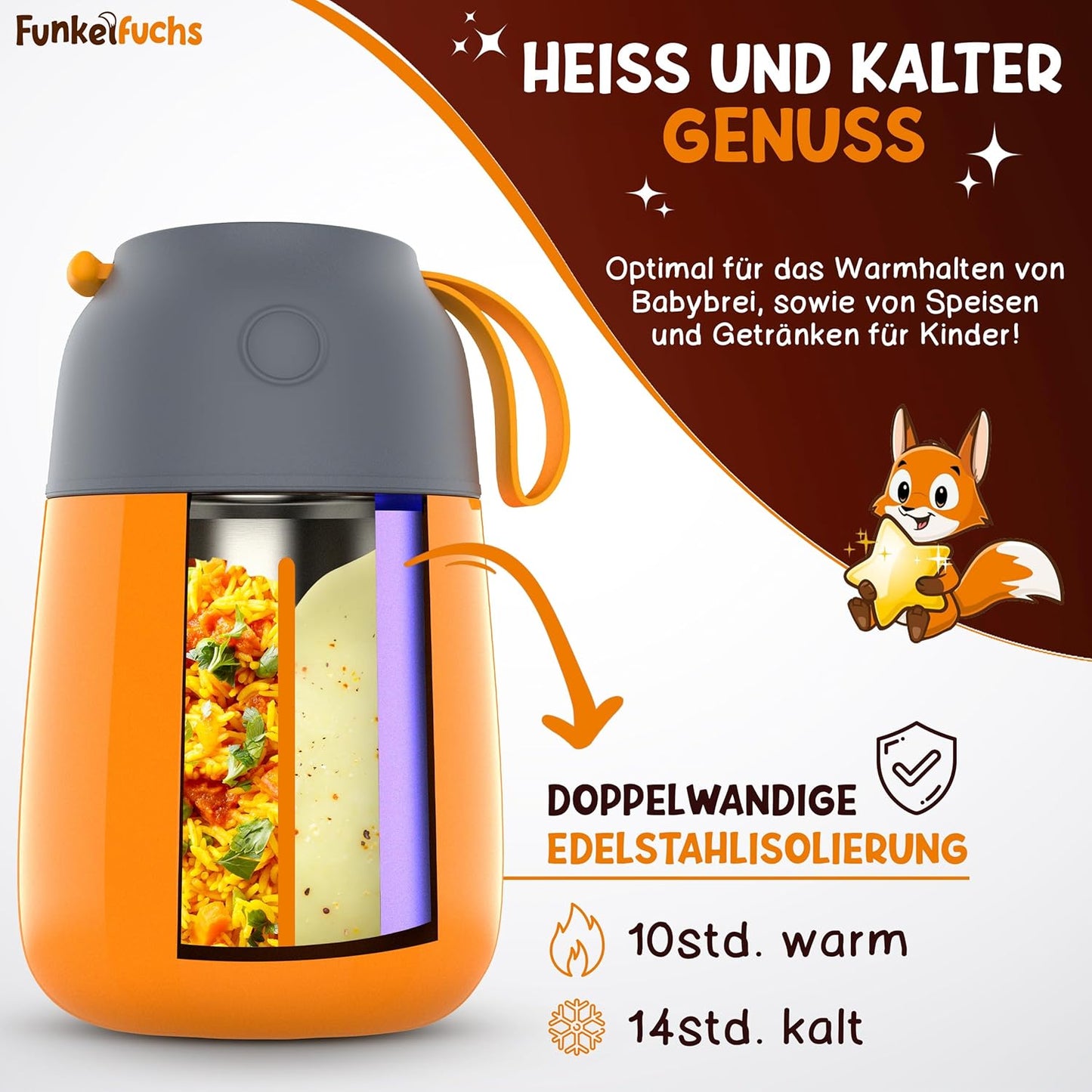 Thermobehälter für Essen Kinder 500ml, Edelstahl, Orange