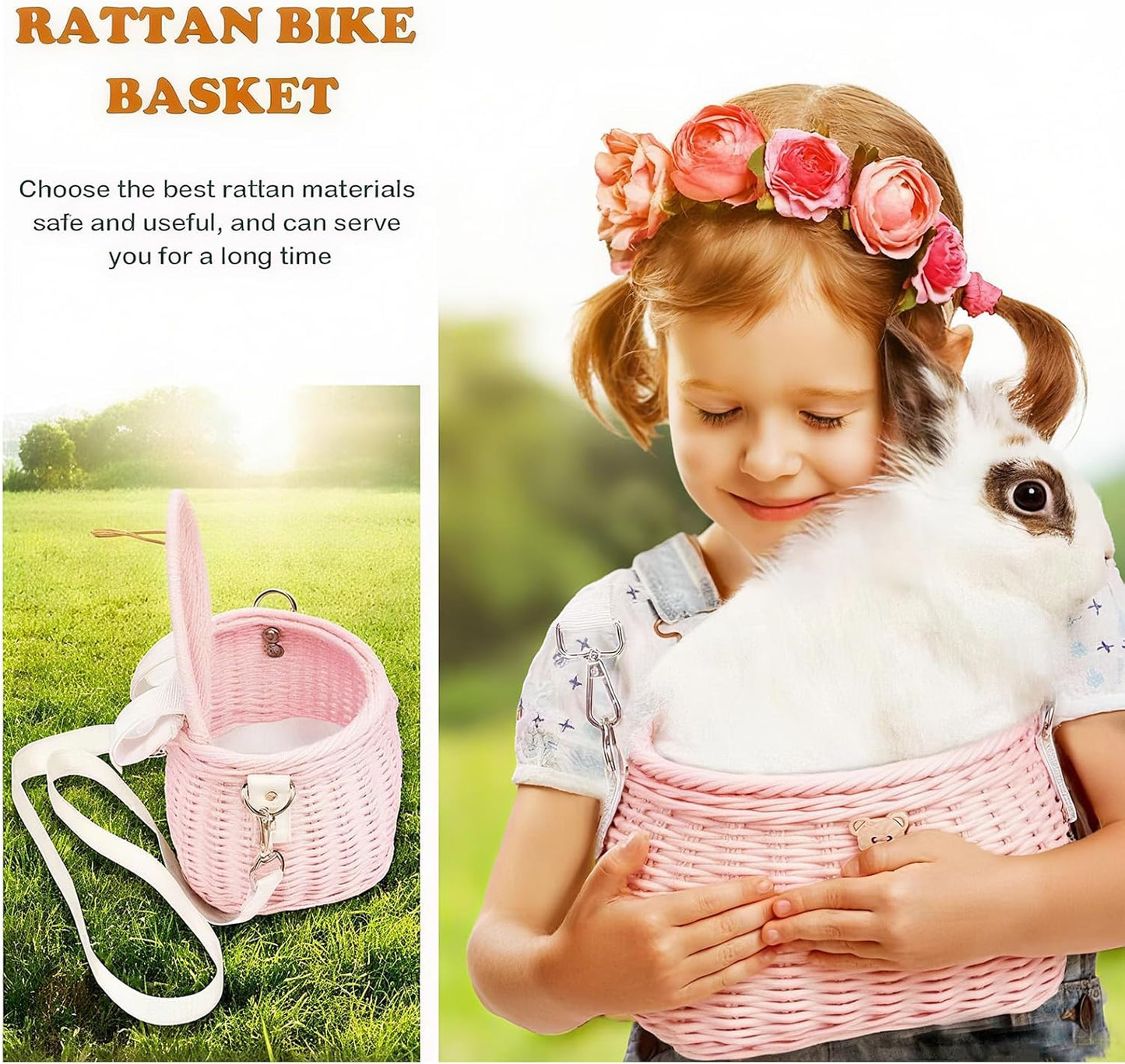 Abnehmbarer Kinderfahrradkorb, Rattan-Design, Rosa