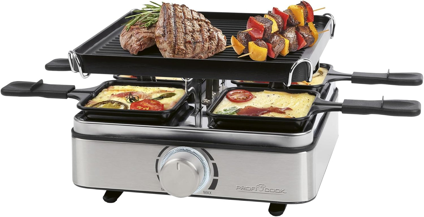 Raclette-Grill für 4 Personen mit Wendegussplatte, Edelstahl