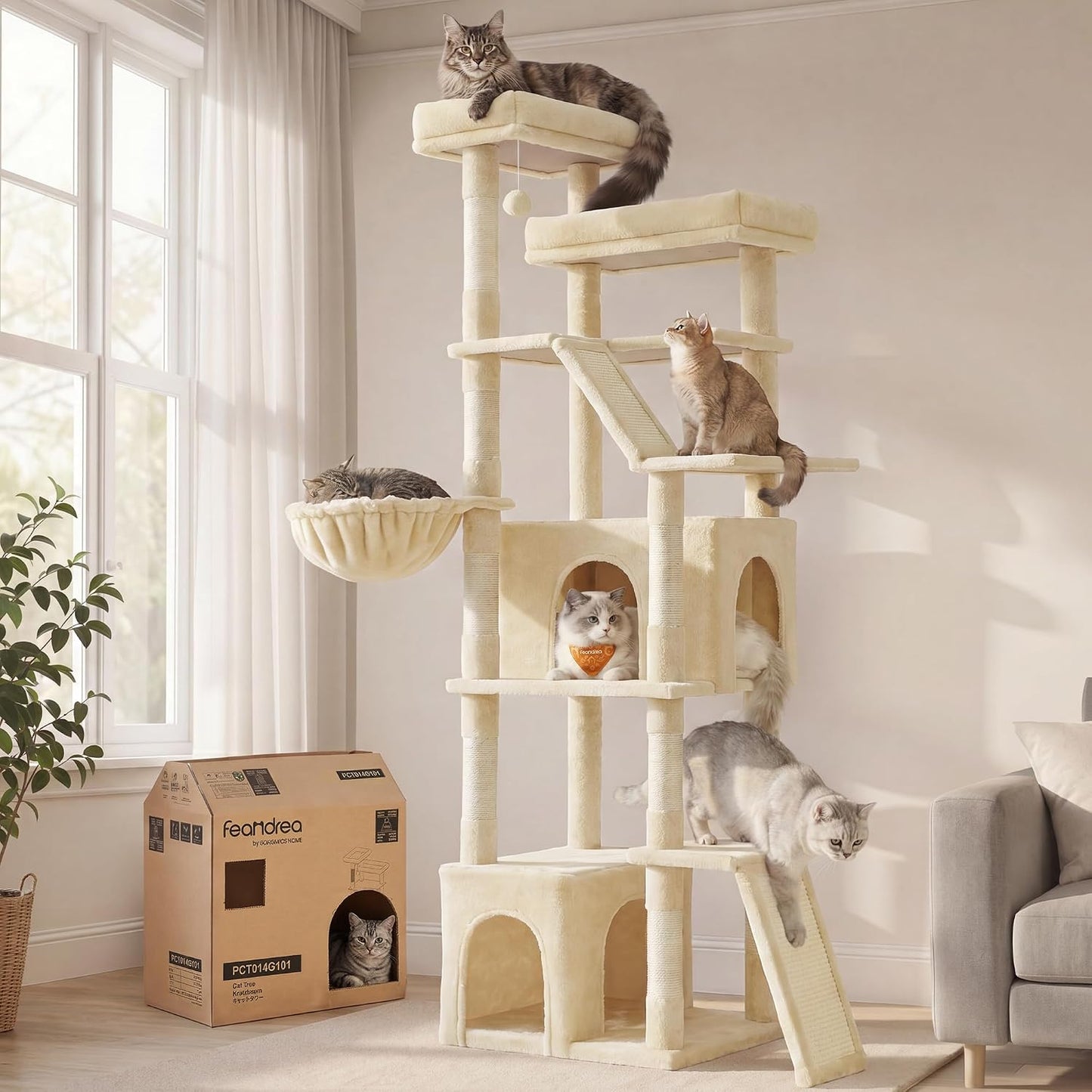 Katzenkratzbaum mit Höhlen und Hängematte, Beige